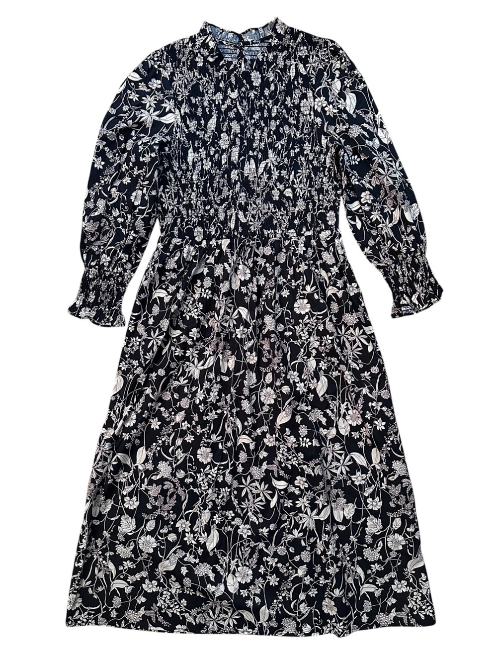 Tuckernuck Hyacinth House Black & Tan Floral Smocked Susanne Midi Dress Large